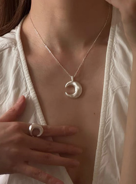 手工拉丝月亮吊坠项链C字形月牙开口冷淡风纯银个性戒指耳钉套装