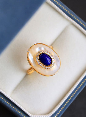 时尚青金石蛋面复古中国风镶嵌贝壳珍珠高级开口可调节戒指女