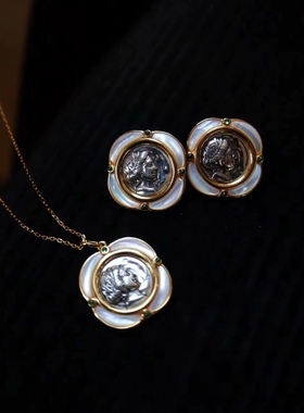 天然白贝母钱币S925银镶时尚复古气质时尚高级感个性耳钉项链套装
