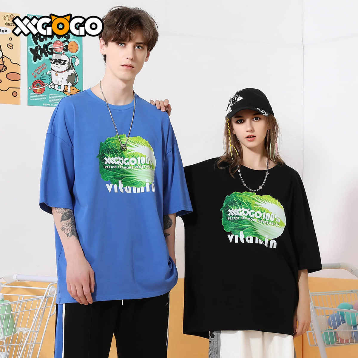 xxgogo短袖男夏季国潮简约趣味白菜英文字母印花圆领纯棉情侣t恤