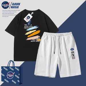 NASA纯棉t恤男宽松大码男士半袖百搭情侣潮流潮牌夏季短袖套装