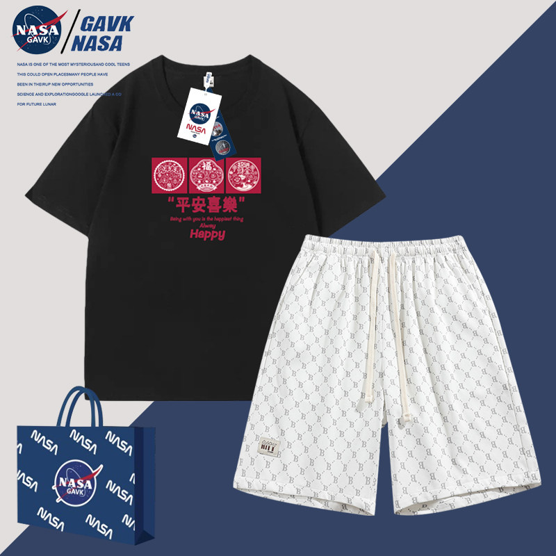 NASA GAVK夏季新款套装男纯棉男女同款短裤2023印花运动情侣T恤女
