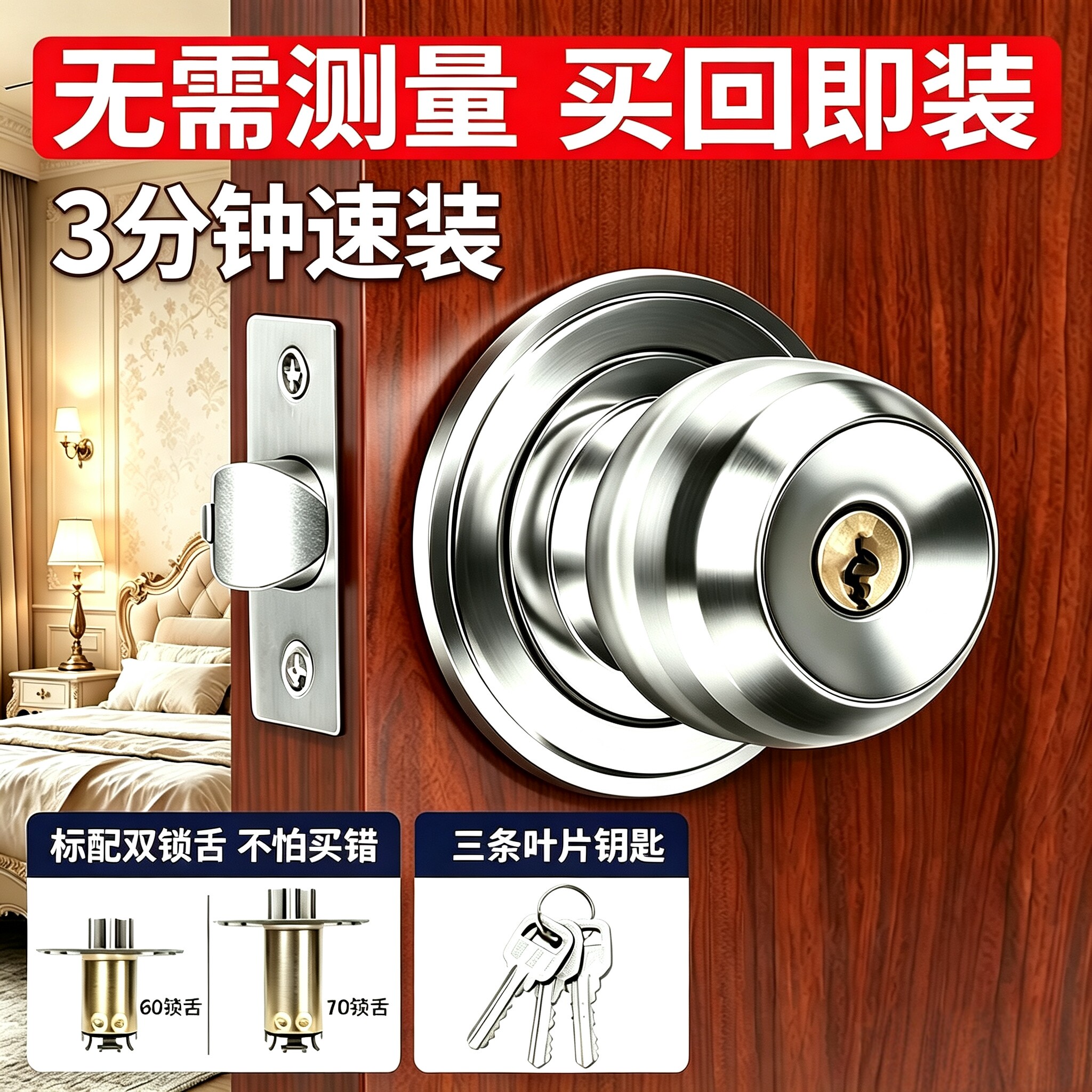 老式不锈钢球形门锁卧室房间门图片