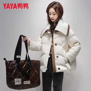 鸭鸭短款羽绒服女2022年冬季新款小个子针织拼接潮流时尚保暖外套