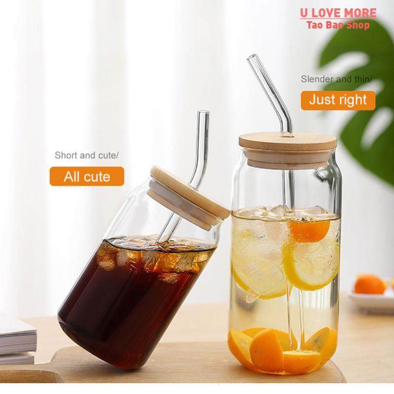Glass Cup With Bamboo Lid and Straw Bubble Tea Cup Glasses C