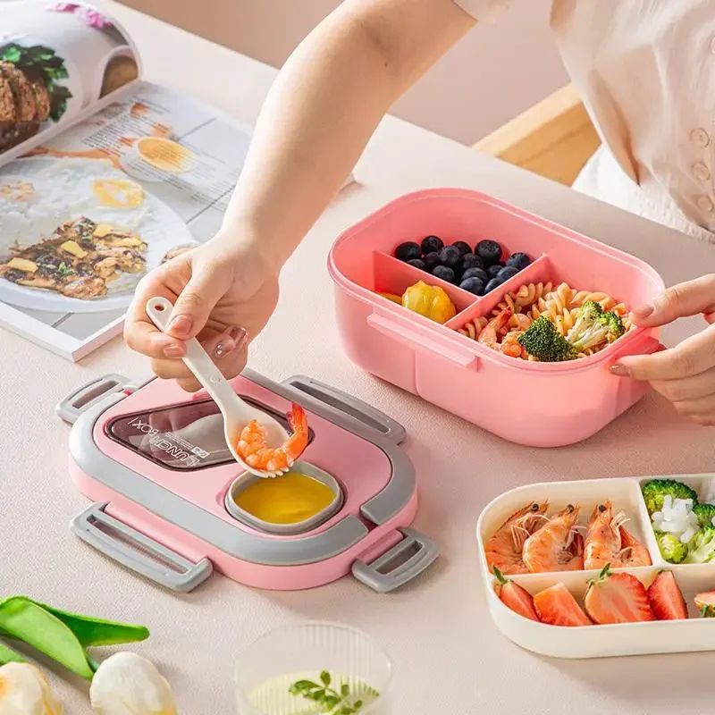 Portable Lunch Box Compartment Wheat Straw Bento Carrying Ha
