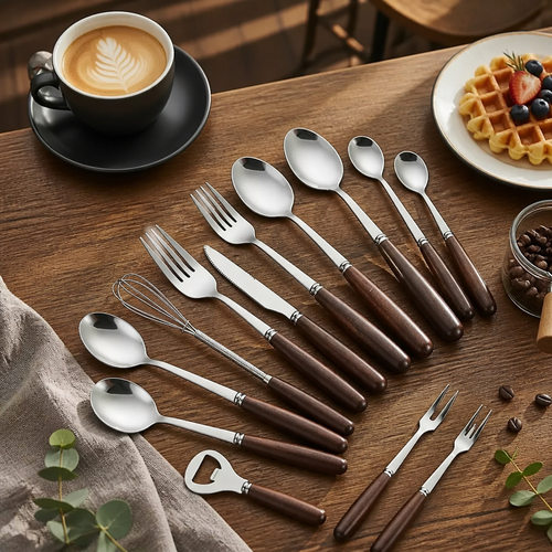 Wooden Handle Tableware Stainless Steel Knife, Fork And Spoo