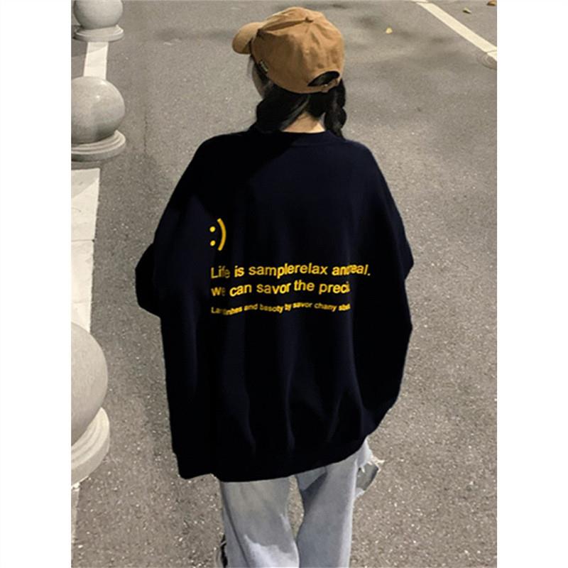 潮牌美式无帽卫衣女秋冬季圆领宽松oversize上衣高街学生加绒外套