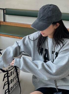 灰色圆领套头无帽卫衣女春秋正肩宽松oversize秋季长袖中长款上衣