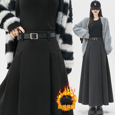 加绒毛呢百褶半身裙女2025秋冬新款高腰显瘦休闲中长款a字裙长裙