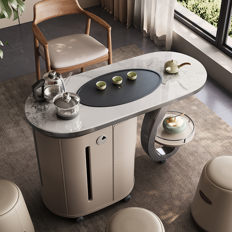 意式轻奢阳台家用小型白蜡木实木可移动茶车极简胡桃色高级感茶桌