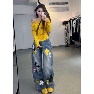 网红同款重工十字架贴皮刺绣直筒牛仔裤女设计感复古阔腿长裤子