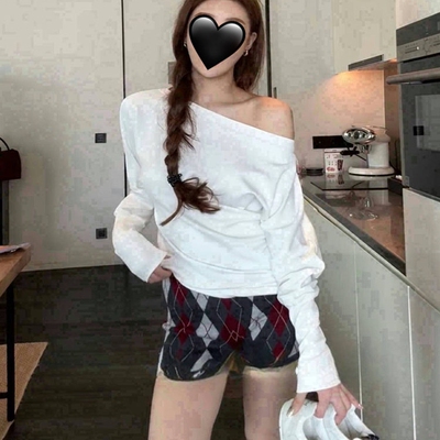 温婉同款斜肩一字领T恤上衣