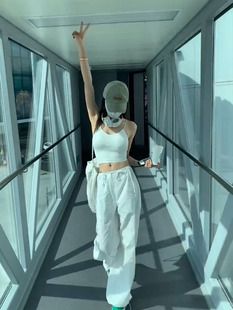 温婉同款白色抽绳休闲运动裤女重工设计感宽松直筒阔腿束脚裤子潮