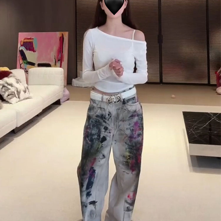 温婉同款做旧脏涂鸦直筒牛仔裤女