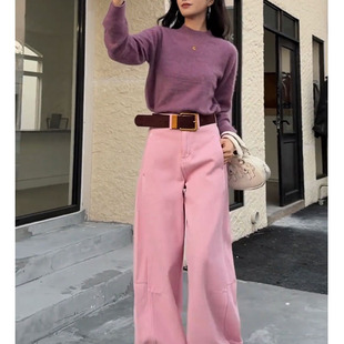 宽松显瘦弯刀长裤 女设计感冬季 子 加厚加绒粉色直筒牛仔裤 网红同款
