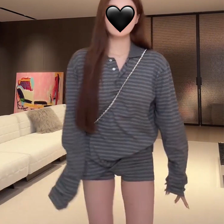 温婉同款条纹翻领polo休闲套装女