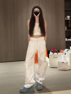 温婉同款绑带翻折腰白色大口袋工装裤女设计感宽松阔腿休闲长裤子