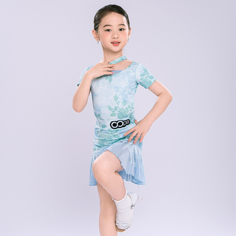 oope舞配舞服2025新款拉丁舞服蓝色扎染流苏裙拉丁舞表演练功服女