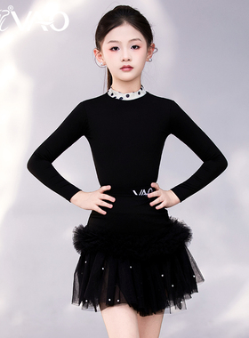 VAO舞配拉丁舞服新款黑珍珠波点表演服花边裙子拉丁舞服练功服女