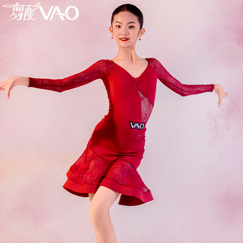 舞配女童拉丁蕾丝鱼骨练功裙