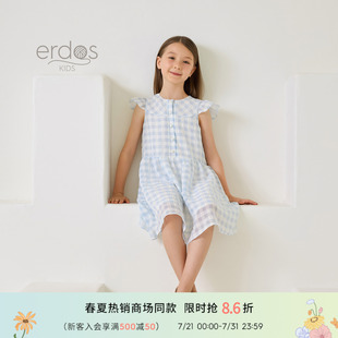 鄂尔多斯童装 长裙甜美女童连衣裙 25夏季 蓝白格纹透气飞袖