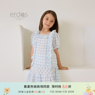 鄂尔多斯童装 25夏季 蓝白格纹方领上衣甜美可爱透气女童短袖