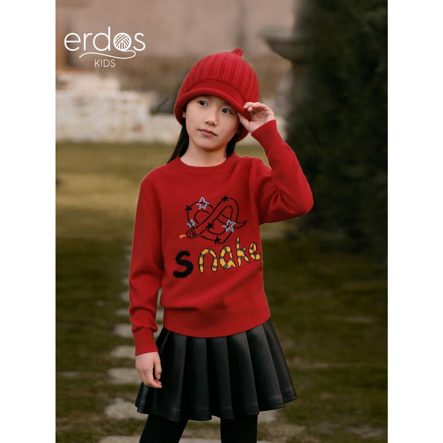 erdosKIDS 鄂尔多斯儿童红色羊绒衫本命年礼物秋冬新品圆领保暖