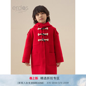 鄂尔多斯儿童大衣秋冬新品 厚毛呢大衣外套保暖连帽红色 中长款
