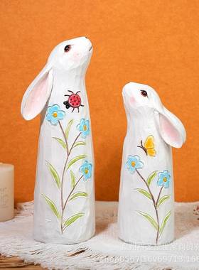 创意复活节木刻对兔套装北欧家居户外花园装饰树脂工艺品摆件