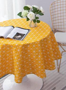 新款黄色格子棉麻圆桌布家用现代简约圆形野餐桌布轻奢高级感