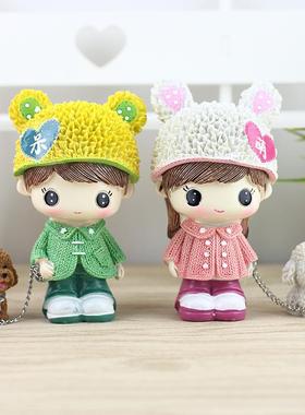 网红呆萌遛狗情侣公仔创意家居树脂装饰工艺品可爱汽车中控台摆件