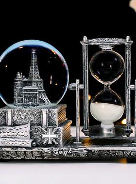 复古音乐铁塔水晶球沙漏摆件创意办公桌面发光水球八音盒计时器