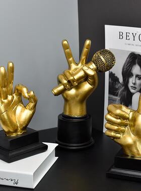 欧式复古点赞胜利手势手指模型树脂摆件办公室酒柜电视柜装饰