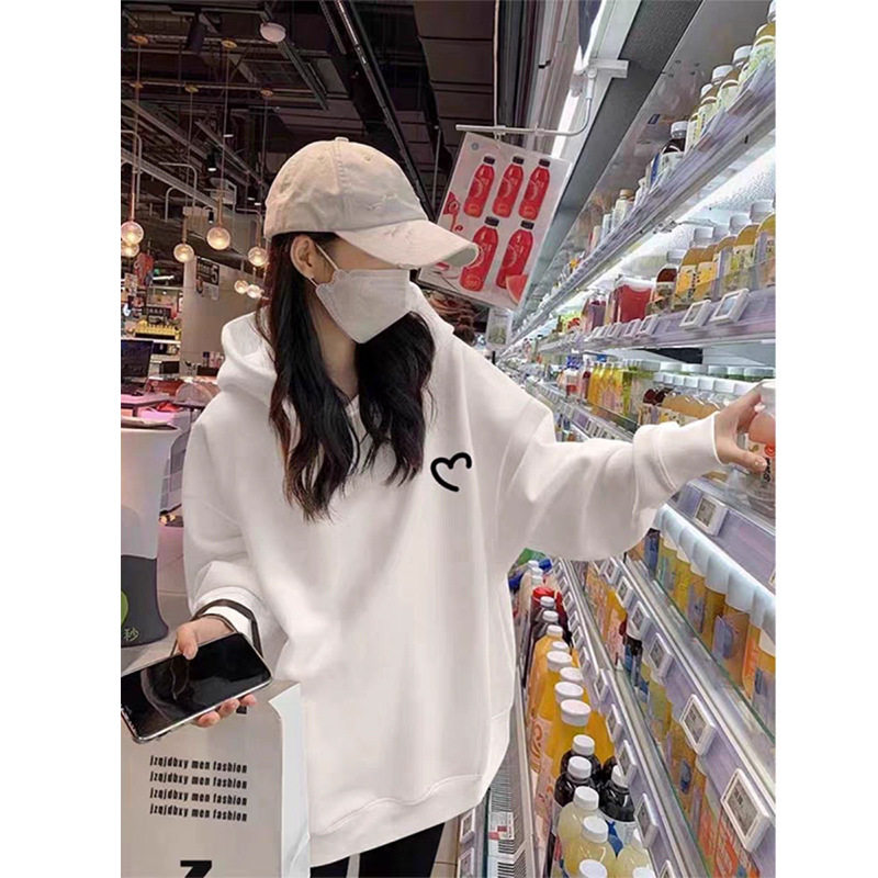 白色连帽卫衣女外套即墨秋冬新款宽松慵懒风加绒加厚套头上衣大码