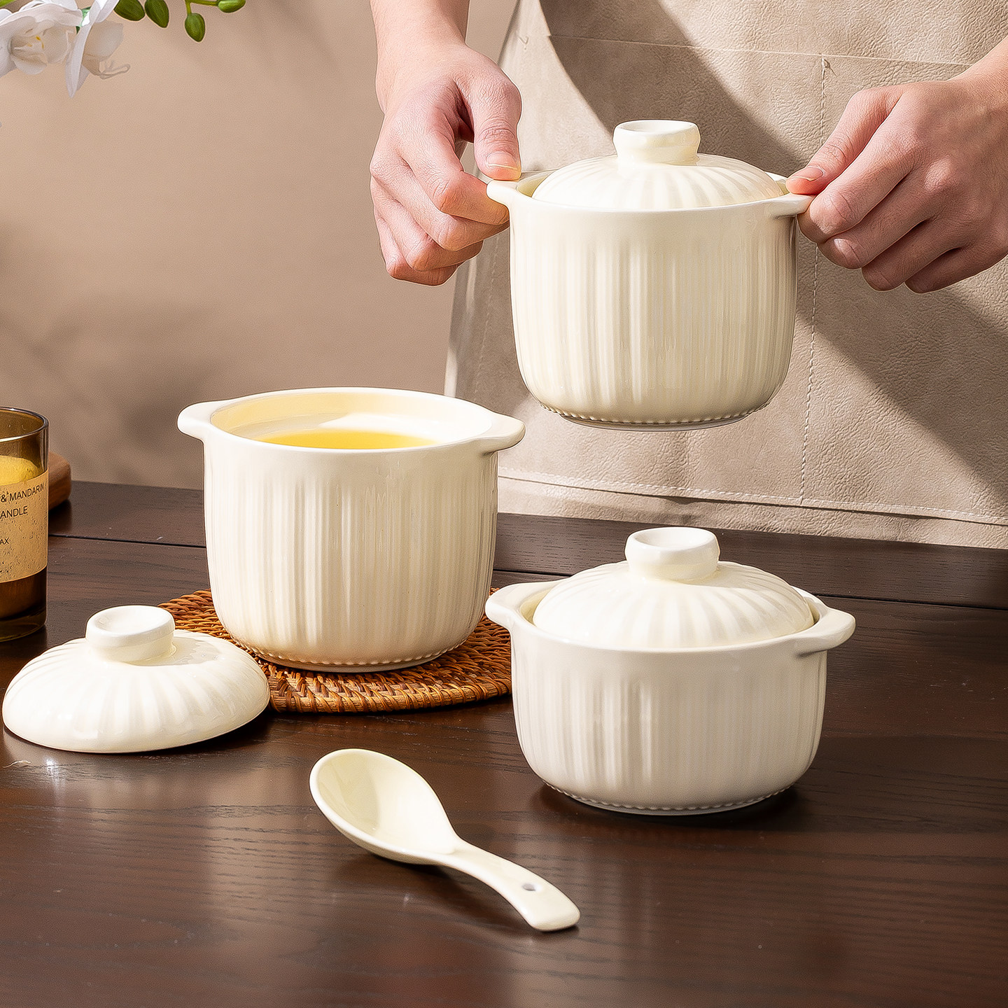 双耳带盖陶瓷炖盅隔水炖家用烤梨盅燕窝专用炖汤盅瓦罐炖罐小汤盅