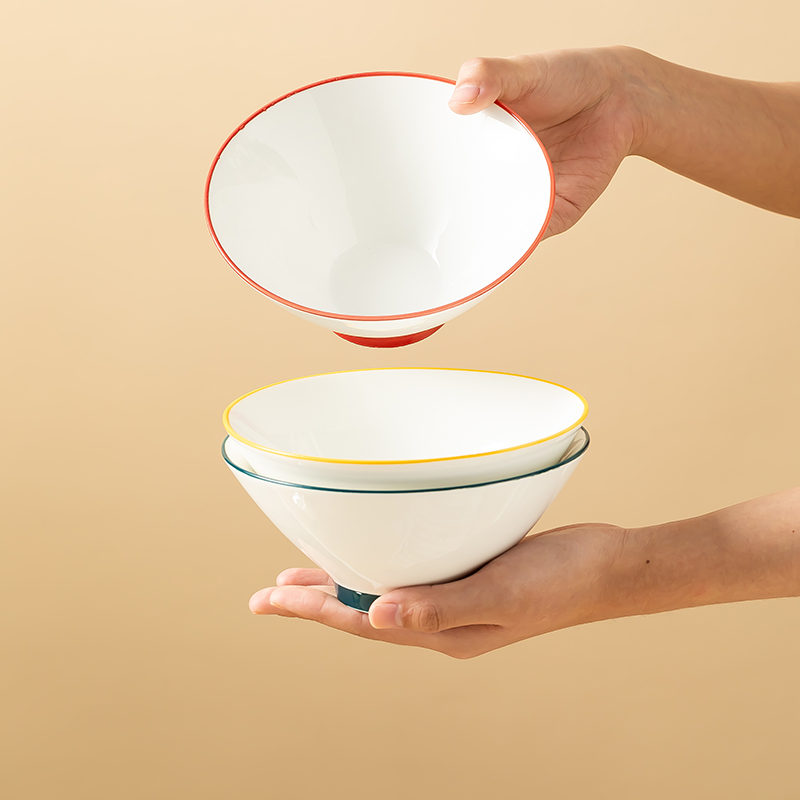 红黄绿斗笠碗家用陶瓷面碗