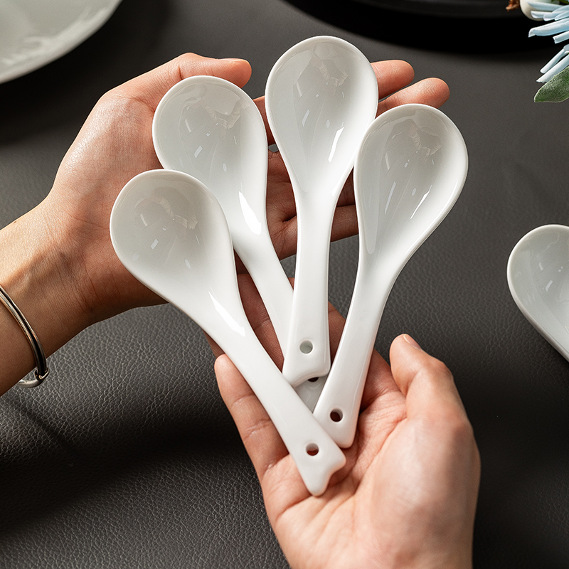 食品级陶瓷勺家用小号喝汤瓷勺子长柄大汤勺汤匙精致调羹白色饭勺