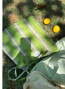 Abbott Vintage【绿野仙踪】定制多巴胺绿色条纹撞色苎麻单肩女包