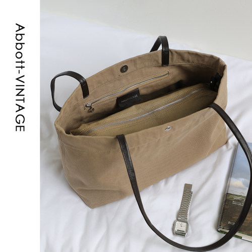 Abbott Vintage【卡其托特包】帆布拼接通勤包单肩头层牛皮简约女