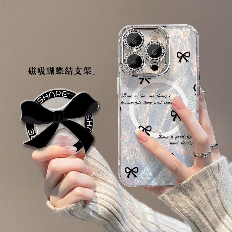 【数码周边百宝箱】蝴蝶结磁吸支架适用苹果15PRO手机壳14/13羽纱镜头膜12轻奢11防摔创意卡通少女心网红高级
