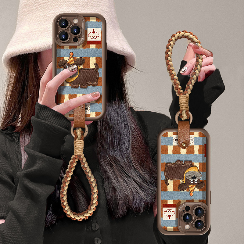 刺绣小狗挂绳适用苹果16手机壳