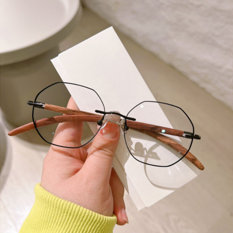 复古木质无框眼镜男潮大框超轻纯钛近视眼镜架女可配有度数防蓝光