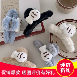 蓝色小鱼毛绒发夹女后脑勺可爱鲨鱼夹大号抓夹网红2025年夹子头饰