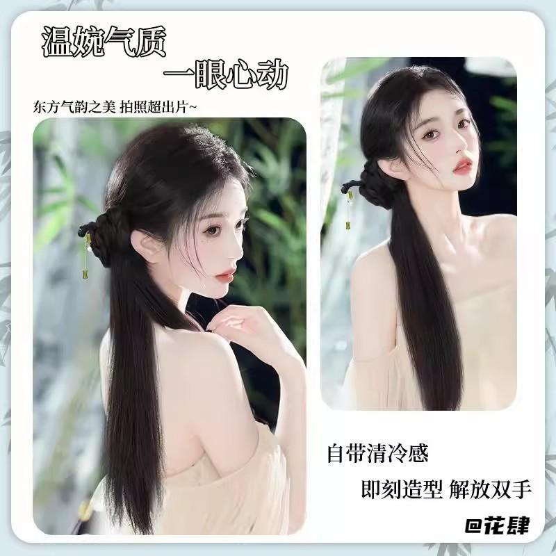 假发低马尾女新中式假发辫子抓夹可扎古风汉服旗袍微卷马尾假发