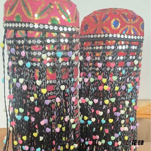 维吾尔族小花帽新款带辫子民族风帽子新疆舞蹈成人宝蓝高档六角帽