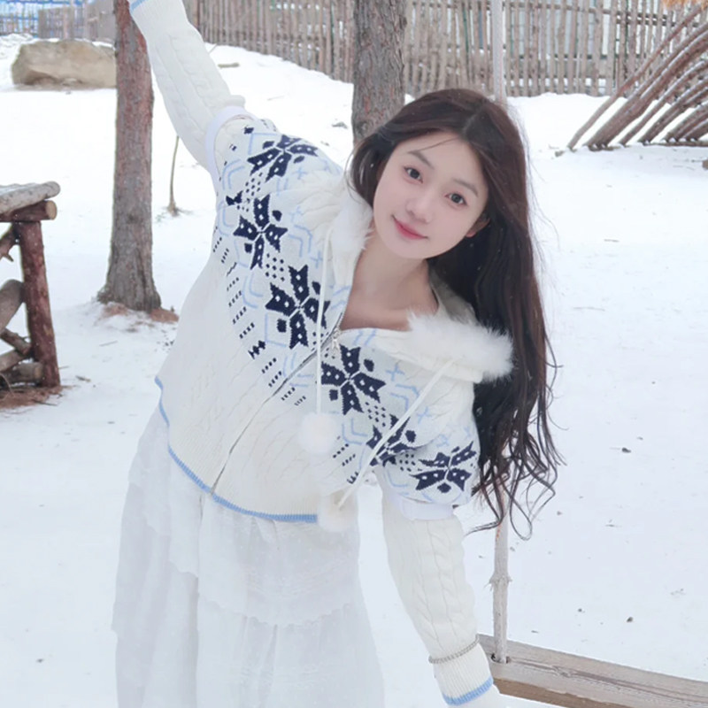 费尔岛毛衣女温柔风雪花连帽针织外套超好看慵懒宽松长袖开衫外穿