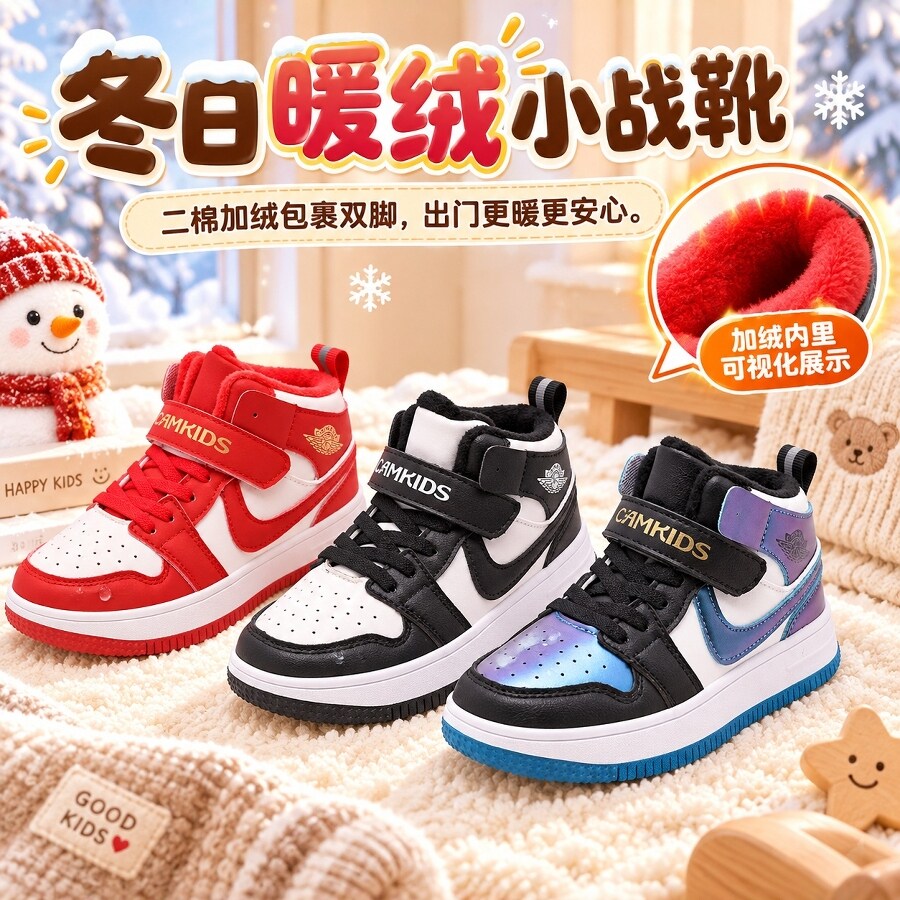 CAMKIDS儿童运动棉鞋冬季新款女童加绒皮面防水防滑软底男童板鞋