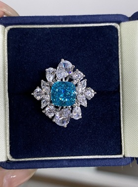 S925纯银戒指女海蓝宝人工培育高碳钻钻戒亚马逊跨境爆款