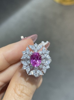直播热卖S925银实验室粉色红宝石仿真钻7*9椭圆戒指群镶花簇婚戒